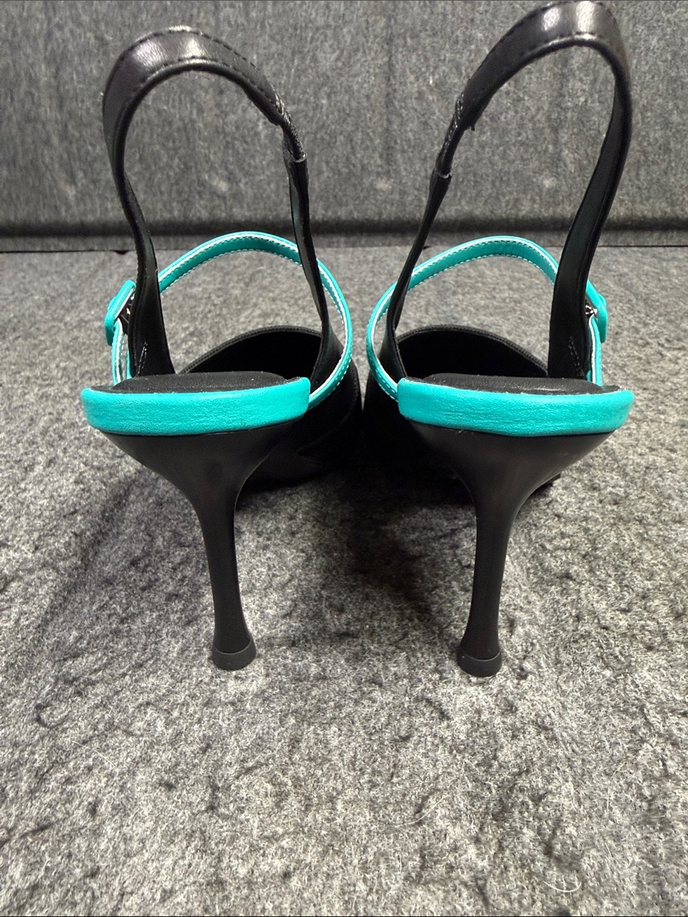 Cozy Island Black Pointed Slingback Heels with Turquoise Strap - Picture 5 of 9